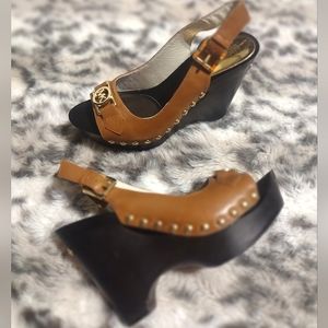 Michael Kors Brown Leather Monogram Wedge Heels NWOT size 7